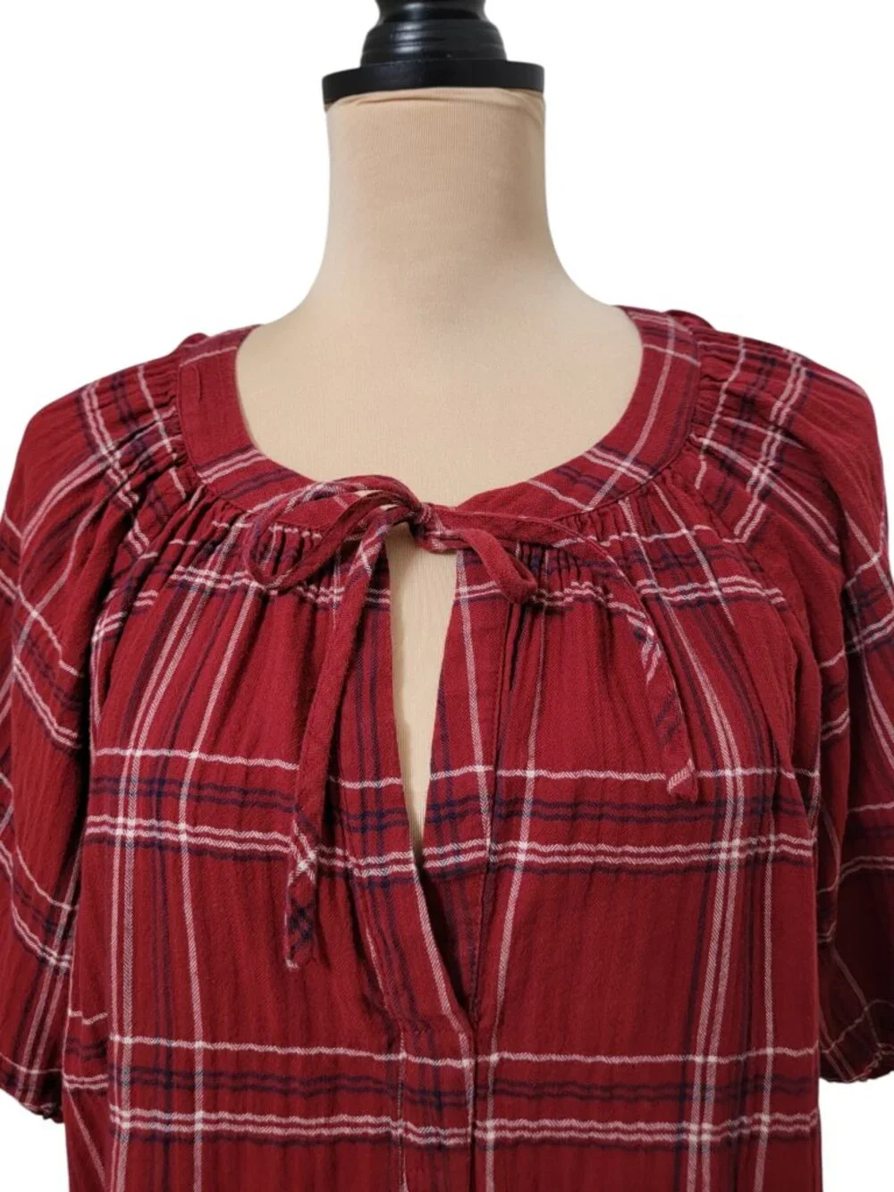 Loft Size XL Burgundy , White and Blue Plaid Split Neck Puffed Sleeve Blouse